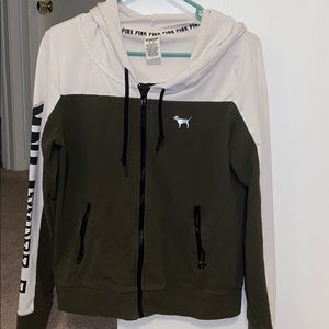 PINK white and hunter green zip up hoodie
